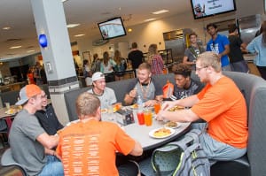 Students dining in redecorated Henderson Dining Hall. Sodexo, The University of Findlay's food service contractor, hopes to develop a "greener" program for food waste recycling.