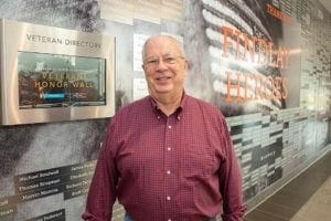 Chaplain Col. Keith Lewis visiting the University of Findlay Veterans Honor Wall during 2018 Homecoming and Family Weekend.