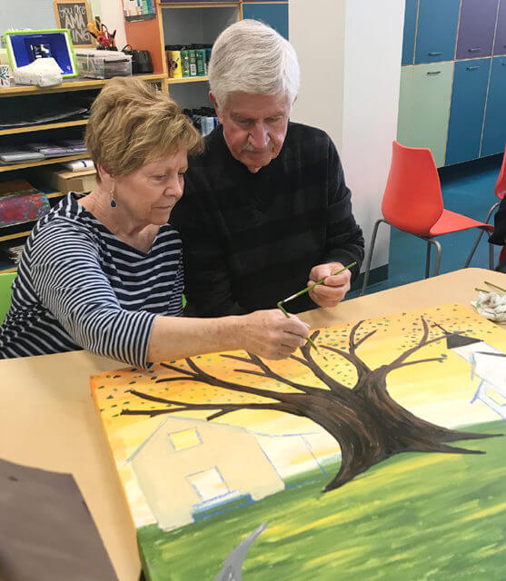 3 large acrylic paintings titled “The Journey Through” depict the impact of occupational therapy on a patient and family facing Alzheimer’s.