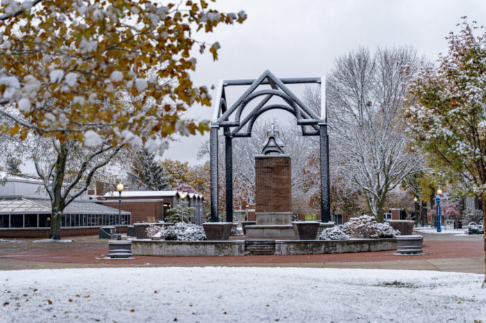 University of Findlay campus bell tower and Cory Street mall with light snow covering.