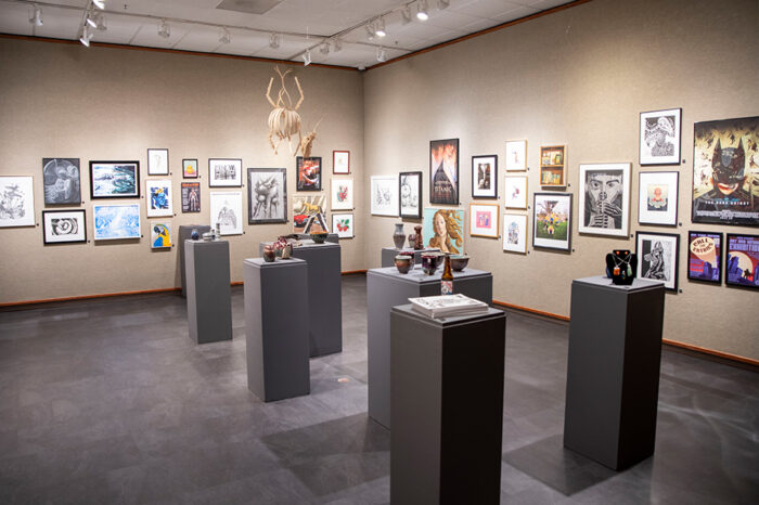 Photo showing works of art on display at the Lea Gallery on campus at the University of Findlay.