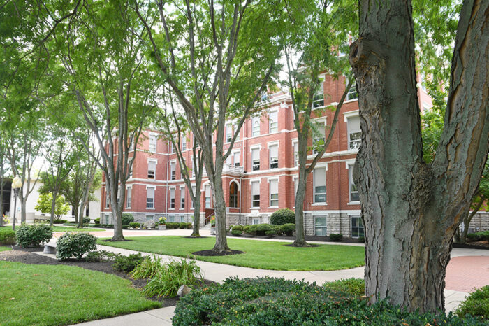 A close-up of several trees in front the Old Main front entrance on the heart of Findlay's campus.