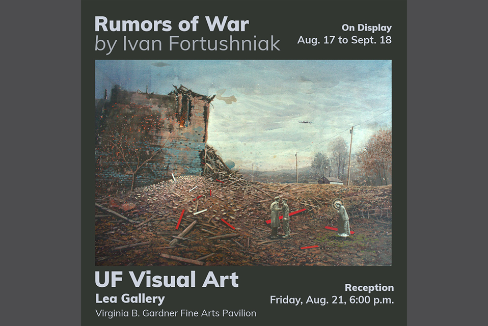 Promotional poster of Rumors of War - art exhibit at University of Findlay's Lea Gallery.