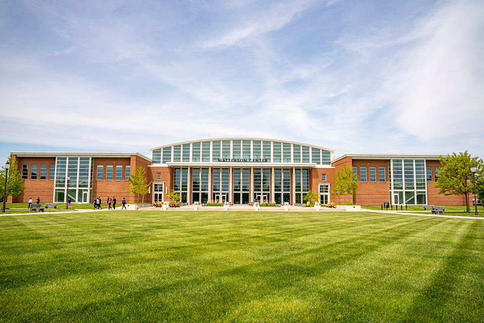 Up close view of the lawn in front of University of Findlay's Watterson Center.